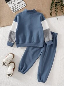SHEIN Boys' Fashion Casual Colorblock Zip-Up Collar Embroidered Logo Fuzzy Top And Pants 2 Pieces Set, Suitable For Daily Wear, Outings, School, Autumn/Winter - Multicolor - View 3