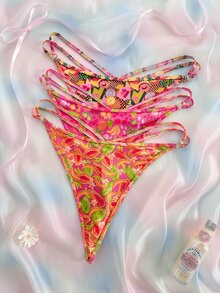 Nora Wilde Plus Size 3pcs Hot Tropical Fruit Hollow Out Tie Design Thong - Multicolor - View 3