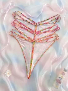 Nora Wilde Plus Size 3pcs Hot Tropical Fruit Hollow Out Tie Design Thong - Multicolor - View 2