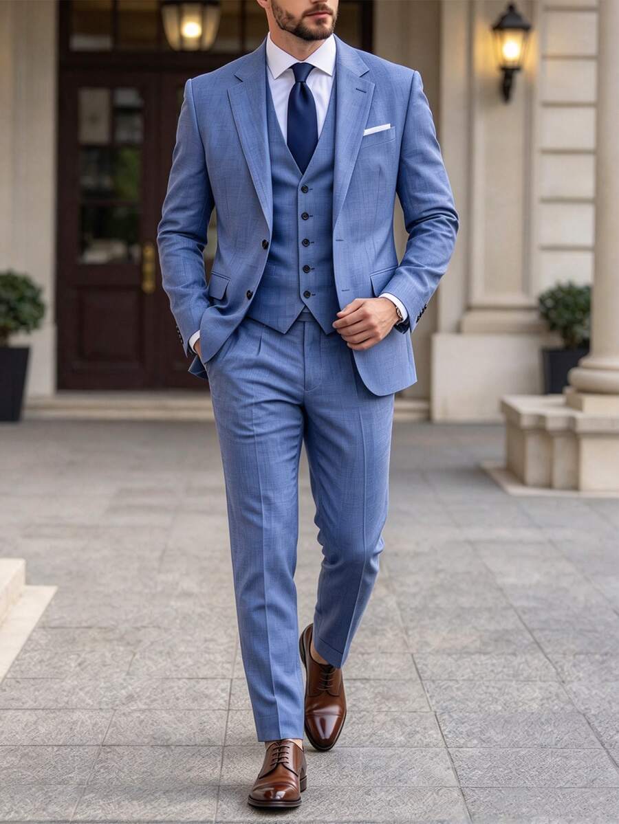 Manfinity Bizformal 男士兩件套西裝,灰藍色西裝外套與長褲,商務休閒婚禮正式賓客舞會西裝,秋季時尚翻領套裝,適合辦公室穿著,老錢風 - 藏蓝色 - 查看 1