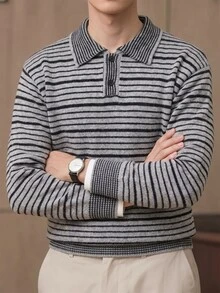 Manfinity Hypemode 男士 Polo 領長袖套頭毛衣，休閒條紋針織秋冬款，灰黑條紋寬鬆通勤，慵懶對比色橫條紋套頭毛衣，老錢風 - 彩色 - 查看 1