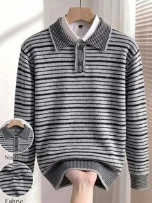 Manfinity Hypemode 男士 Polo 領長袖套頭毛衣，休閒條紋針織秋冬款，灰黑條紋寬鬆通勤，慵懶對比色橫條紋套頭毛衣，老錢風 - 彩色 - 查看 3