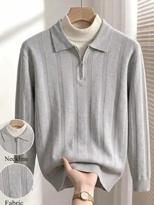 Manfinity Homme Men's Polo Collar Long Sleeve Pullover Sweater, Preppy Casual Autumn Top, Suitable For Daily Wear, Leisure, Vacation, V-Neck Colorblock - Light Grey - View 3