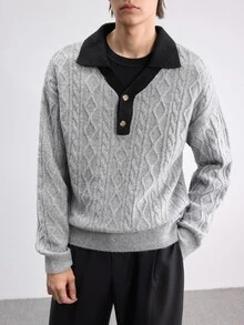 Claim Dot Men's Long Sleeve Knitted Sweater, Turn-Up Collar, Dual-Tone, Urban Renaissance Street Style, Casual Fashion, Creative Personalized Streetwear - Grey - View 5