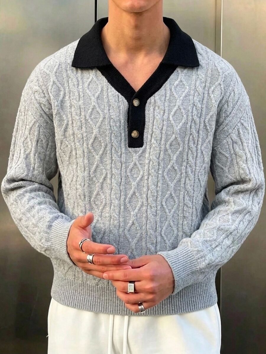 Claim Dot Men's Long Sleeve Knitted Sweater, Turn-Up Collar, Dual-Tone, Urban Renaissance Street Style, Casual Fashion, Creative Personalized Streetwear - Grey - View 1