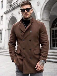 Manfinity CasualCool 男士小立領雙排扣羊毛混紡中長款大衣，休閒復古外套 - 咖啡棕 - 查看 1