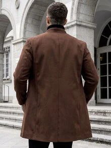 Manfinity CasualCool 男士小立領雙排扣羊毛混紡中長款大衣，休閒復古外套 - 咖啡棕 - 查看 2