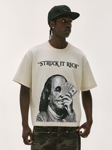 Baseblock Men's Vintage Washed Beige Crew Neck Short Sleeve T-Shirt, Front Portrait Banknote Print, Back Multi-Style Letter Graphic, Y2K Streetwear Casual Top, Suitable For Outings, Concerts, Clubs, Music Festivals, Holiday Vacations - Black - View 3