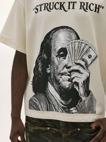 Baseblock Men's Vintage Washed Beige Crew Neck Short Sleeve T-Shirt, Front Portrait Banknote Print, Back Multi-Style Letter Graphic, Y2K Streetwear Casual Top, Suitable For Outings, Concerts, Clubs, Music Festivals, Holiday Vacations - Black - View 4