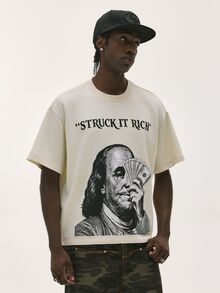 Baseblock Men's Vintage Washed Beige Crew Neck Short Sleeve T-Shirt, Front Portrait Banknote Print, Back Multi-Style Letter Graphic, Y2K Streetwear Casual Top, Suitable For Outings, Concerts, Clubs, Music Festivals, Holiday Vacations - Black - View 5