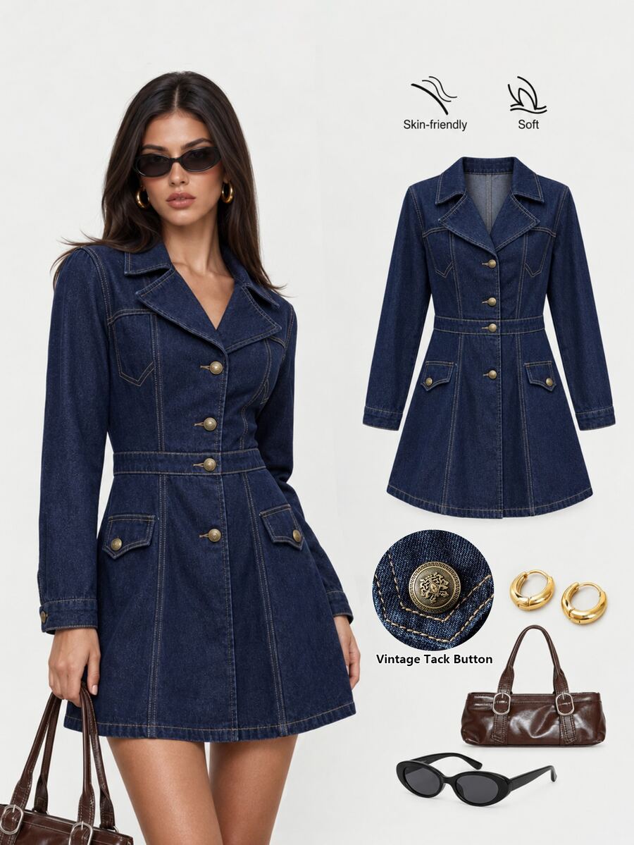 Sweetra Light Luxury Retro Casual Commuter Style Collared Waist Belt Cinched Denim Dress With Contrast Stitching Metal Buckle Long Sleeve Fall