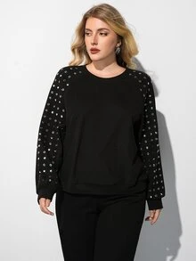 Maija Plus Size Women's Studded Decor Casual Funny Streetwear Daily Wear Party Vacation Homewear Top Fall Black - Black - View 6