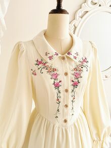 Vintamour 復古優雅女款長洋裝，附口袋、刺繡、彼得潘領、鈕扣、荷葉邊下擺，休閒度假風，2026秋冬返校季 - 杏色 - 查看 4