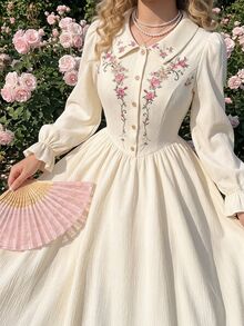 Vintamour 復古優雅女款長洋裝，附口袋、刺繡、彼得潘領、鈕扣、荷葉邊下擺，休閒度假風，2026秋冬返校季 - 杏色 - 查看 3