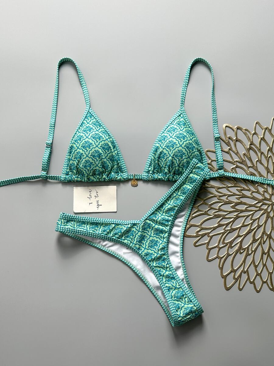 SHEIN Swim Springbreak 女士沙滩装随机花卉印花细肩带上衣和高腰比基尼泳裤套装 - 彩色 - 查看 1