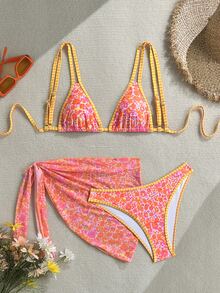 SHEIN Swim 2026新款女士夏季沙滩橙色碎花比基尼，搭配黄色格子滚边和沙滩裙，夏季沙滩度假三件套泳装，女士比基尼套装（含罩衫） - 彩色 - 查看 4