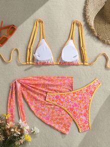 SHEIN Swim 2026新款女士夏季沙滩橙色碎花比基尼，搭配黄色格子滚边和沙滩裙，夏季沙滩度假三件套泳装，女士比基尼套装（含罩衫） - 彩色 - 查看 3