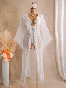 SHEIN Swim 女士纯色长袖抽绳下摆罩衫 - 白色 - 查看 7