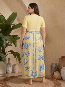 SHEIN Swim Plus-Size Women's Short-Sleeve Square Neck Burkini Two Pieces Set Seashell-Print Beach Cover-Up Dress Slimming White Blue And Yellow Summer - Multicolor - View 4
