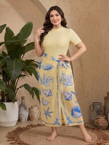 SHEIN Swim Plus-Size Women's Short-Sleeve Square Neck Burkini Two Pieces Set Seashell-Print Beach Cover-Up Dress Slimming White Blue And Yellow Summer - Multicolor - View 5