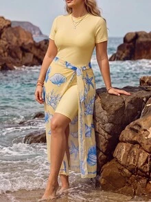 SHEIN Swim Plus-Size Women's Short-Sleeve Square Neck Burkini Two Pieces Set Seashell-Print Beach Cover-Up Dress Slimming White Blue And Yellow Summer - Multicolor - View 8