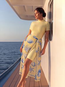 SHEIN Swim Plus-Size Women's Short-Sleeve Square Neck Burkini Two Pieces Set Seashell-Print Beach Cover-Up Dress Slimming White Blue And Yellow Summer - Multicolor - View 6