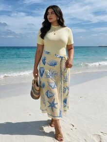 SHEIN Swim Plus-Size Women's Short-Sleeve Square Neck Burkini Two Pieces Set Seashell-Print Beach Cover-Up Dress Slimming White Blue And Yellow Summer - Multicolor - View 3