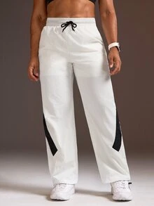 Powerista Women's Black & White Colorblock Woven Loose Wide Leg Long Pants - Black and White - View 6