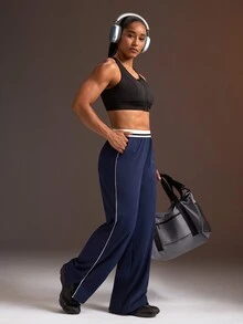 Powerista Women's Navy Blue & White Contrast Elastic Waist Knit Loose Wide Leg Split Hem Pants - Navy Blue - View 7