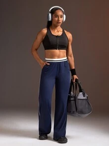 Powerista Women's Navy Blue & White Contrast Elastic Waist Knit Loose Wide Leg Split Hem Pants - Navy Blue - View 6