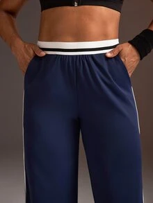 Powerista Women's Navy Blue & White Contrast Elastic Waist Knit Loose Wide Leg Split Hem Pants - Navy Blue - View 1