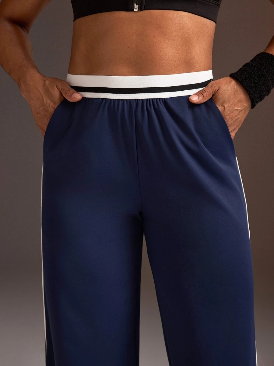 Powerista Women's Navy Blue & White Contrast Elastic Waist Knit Loose Wide Leg Split Hem Pants - Navy Blue - View 1