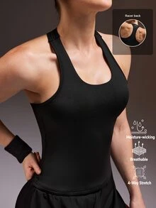 Powerista 女款秋季全黑掛脖式工字背運動背心，雙層前胸設計，提供更強支撐力，適合跑步與健身房運動，保守運動風 - 黑色 - 查看 10