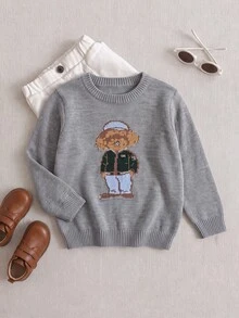 PrepCrw Young Boy Cartoon Dog Print Crew Neck Long Sleeve Casual Sweater, Autumn Fall Winter - Light Grey - View 2