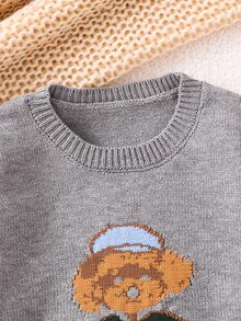 PrepCrw Young Boy Cartoon Dog Print Crew Neck Long Sleeve Casual Sweater, Autumn Fall Winter - Light Grey - View 6