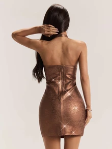 SHEIN BAE Women's Brown Fitted Bandage Elegant Mini Dress, Autumn/Winter - Gold - View 2