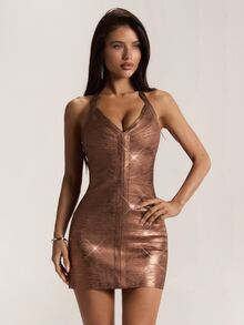 SHEIN BAE Women's Brown Fitted Bandage Elegant Mini Dress, Autumn/Winter - Gold - View 6