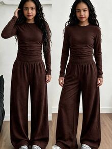 SHEIN Sparklyn Tween Girls 2 Pieces Outfits Set Dark Brown Slim Fit Long Sleeve T-Shirt Textured Knit Wide Leg Loose Pants Modest Cute School Fall - Coffee Brown - View 1