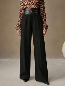 Anewsta Modern Urban Women's Black High-Waist Double-Button Waistband Decor Straight Wide-Leg Long Pants Office Wear - Black - View 7