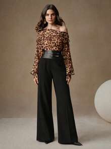 Anewsta Modern Urban Women's Black High-Waist Double-Button Waistband Decor Straight Wide-Leg Long Pants Office Wear - Black - View 4