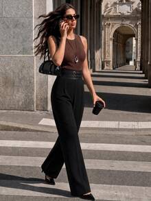 Anewsta Modern Urban Women's Black High-Waist Double-Button Waistband Decor Straight Wide-Leg Long Pants Office Wear - Black - View 8
