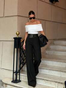 Anewsta Modern Urban Women's Black High-Waist Double-Button Waistband Decor Straight Wide-Leg Long Pants Office Wear - Black - View 1