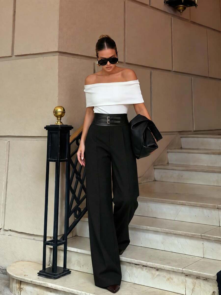 Anewsta Modern Urban Women's Black High-Waist Double-Button Waistband Decor Straight Wide-Leg Long Pants Office Wear - Black - View 1