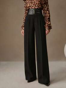 Anewsta Modern Urban Women's Black High-Waist Double-Button Waistband Decor Straight Wide-Leg Long Pants Office Wear - Black - View 5