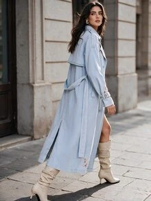 Anewsta Women's New Fashion Heavy Embroidery Casual Comfortable Blue Jeans Style Trench Coat Jacket - Blue - View 7