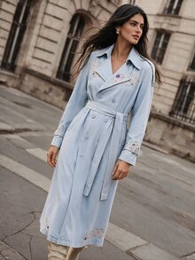 Anewsta Women's New Fashion Heavy Embroidery Casual Comfortable Blue Jeans Style Trench Coat Jacket - Blue - View 6
