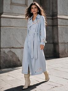 Anewsta Women's New Fashion Heavy Embroidery Casual Comfortable Blue Jeans Style Trench Coat Jacket - Blue - View 5