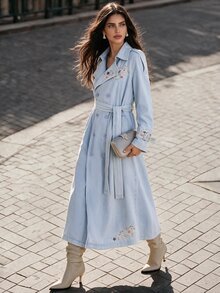Anewsta Women's New Fashion Heavy Embroidery Casual Comfortable Blue Jeans Style Trench Coat Jacket - Blue - View 4