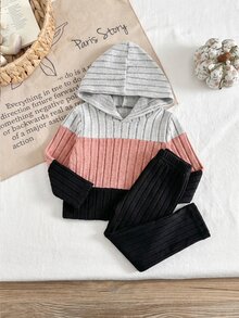 SHEIN Genkimix Kids 女童紋理撞色連帽衛衣與長褲套裝 - 彩色 - 查看 5