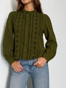 Nöista Olive Green Embroidered Shirt. Suitable For Casual Wear Fall/Winter, Commuting, Campus Parties.Going Out .Versatile - Green - View 2